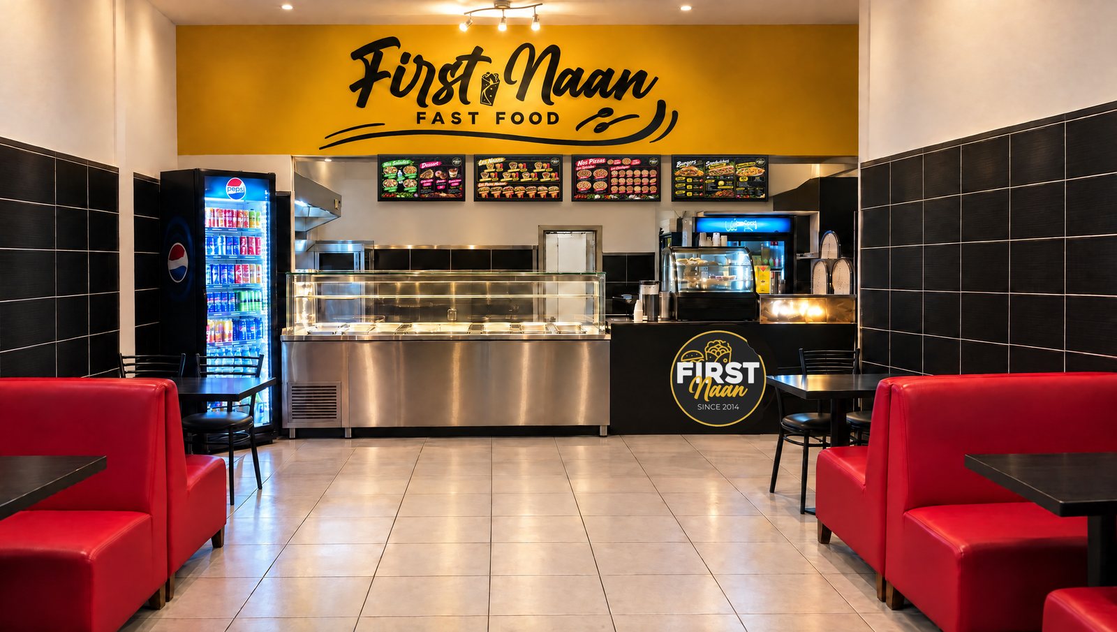 La salle de FIRST Naan après : lumière chaude, comptoir net, banquettes rouges