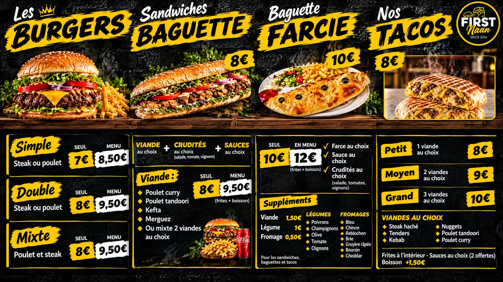 Menu board FIRST Naan : burgers, sandwiches baguette et tacos