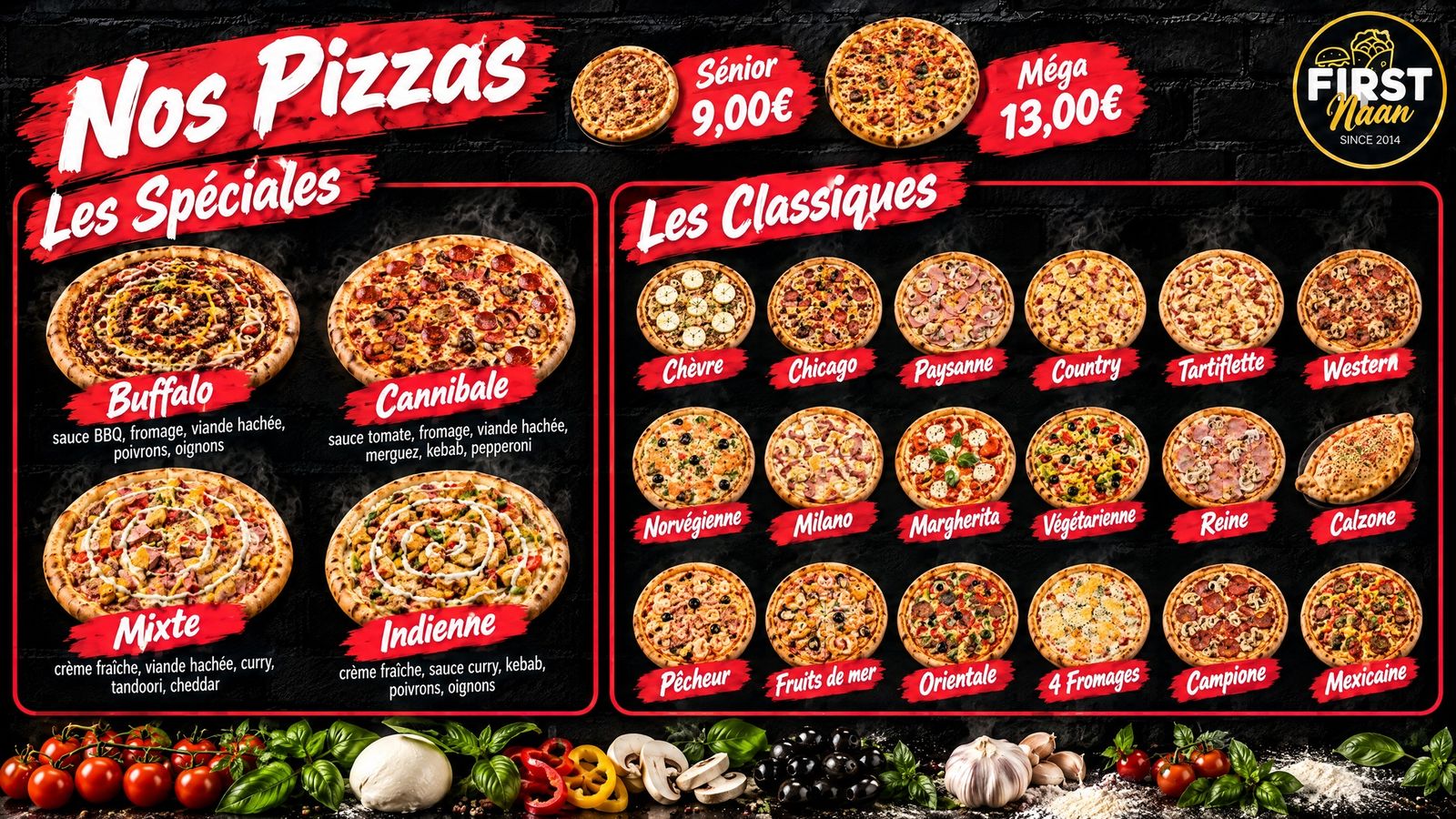 Menu board FIRST Naan : pizzas