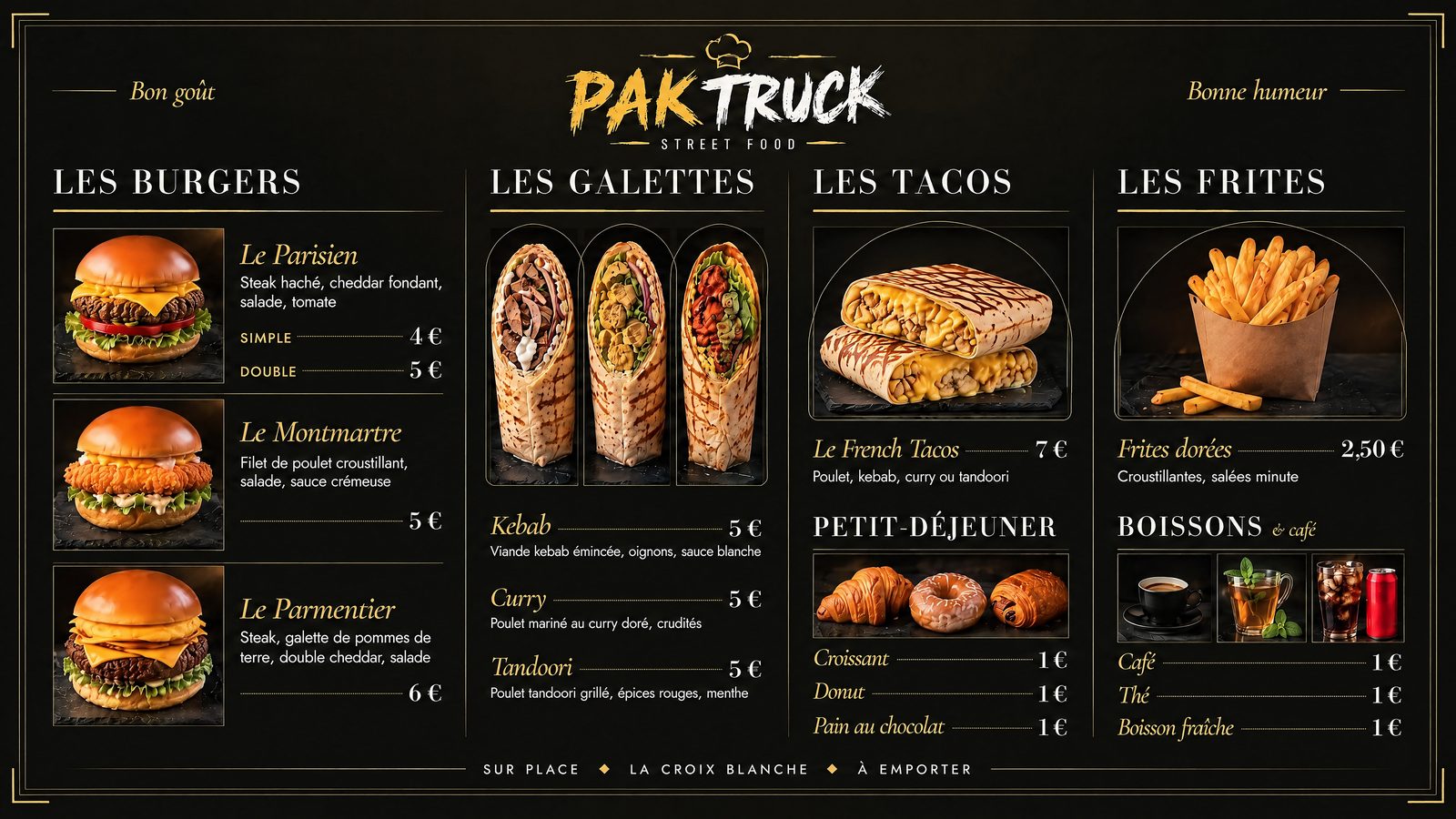 Le menu board de Chez PAK : burgers, galettes, tacos et frites sur fond noir et or